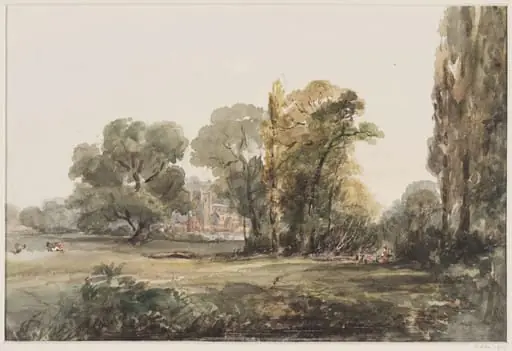Stowe: a church in the distance, seen amid trees