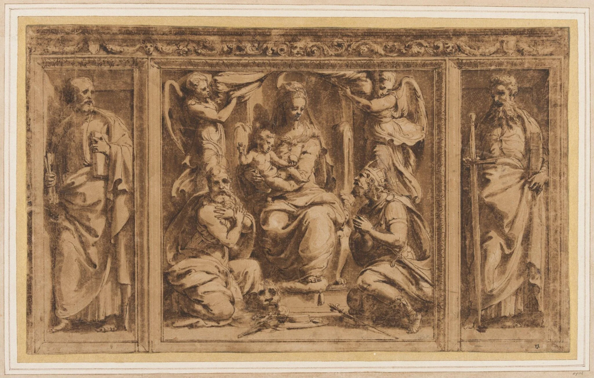 Design for three painted or sculptured panels in an ornamented frame: in the middle the Virgin and Child adorded by St Jerome and a king; to the left and right St Peter and St Paul