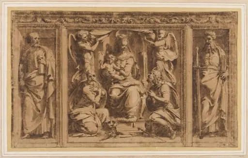 Design for three painted or sculptured panels in an ornamented frame: in the middle the Virgin and Child adorded by St Jerome and a king; to the left and right St Peter and St Paul