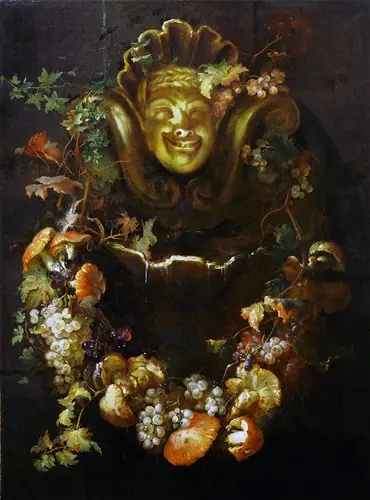 Still life with fountain and garland of flowers and fruit