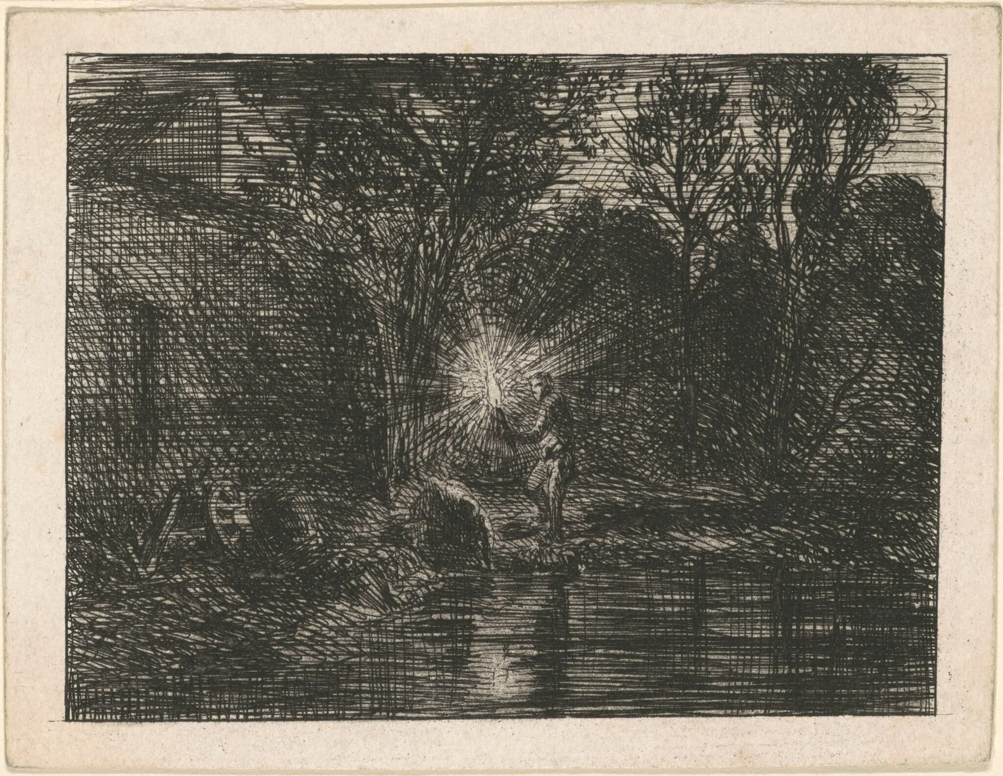 Riverbank at Night, by Charles Émile Jacque, ink, 1844