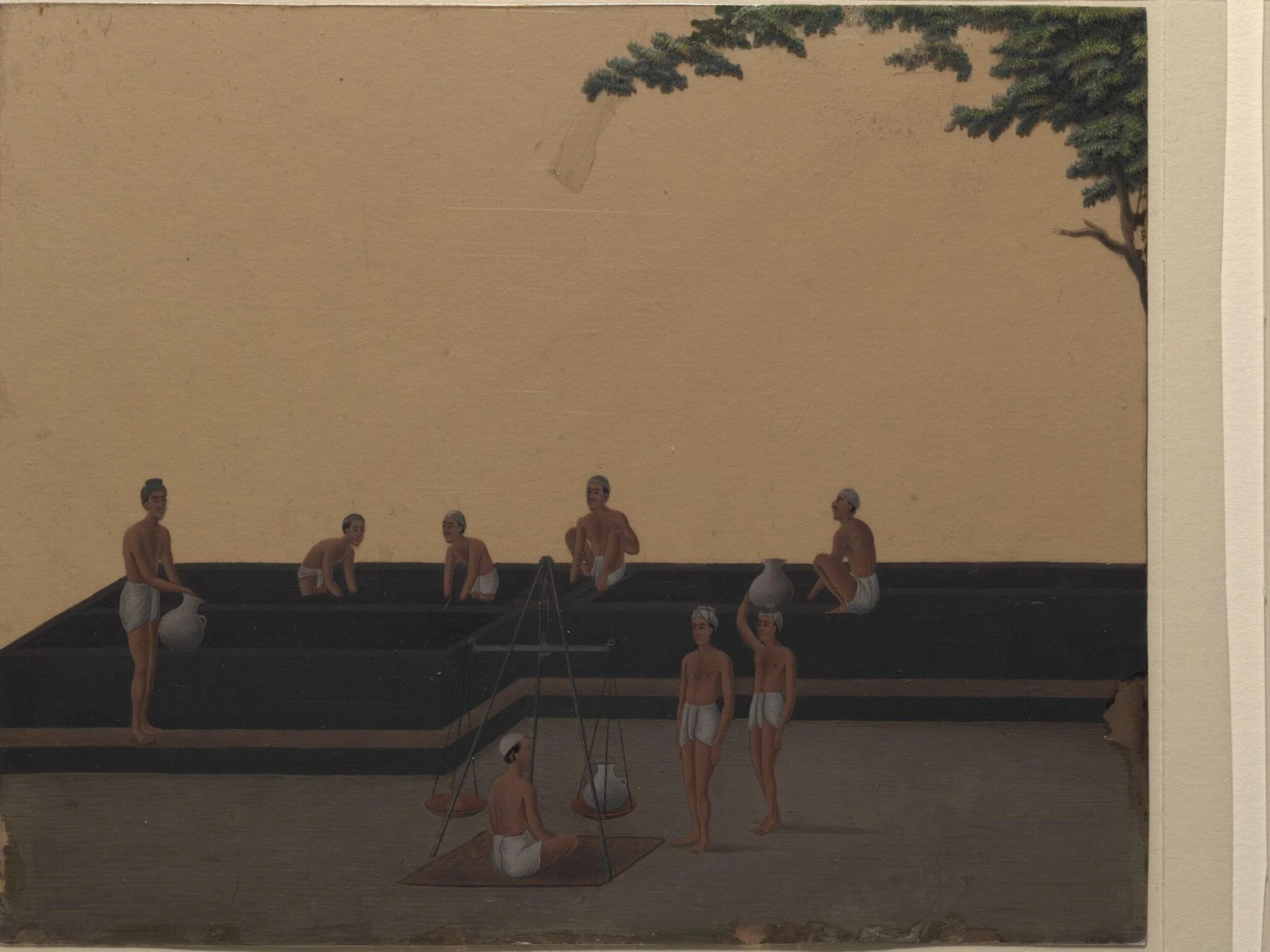 One of nineteen drawings illustrating processes in the manufacture of opium at the Opium Factory at Gulzarbagh, Patna, in Bihar., by Shiva Lal, paint, 1857