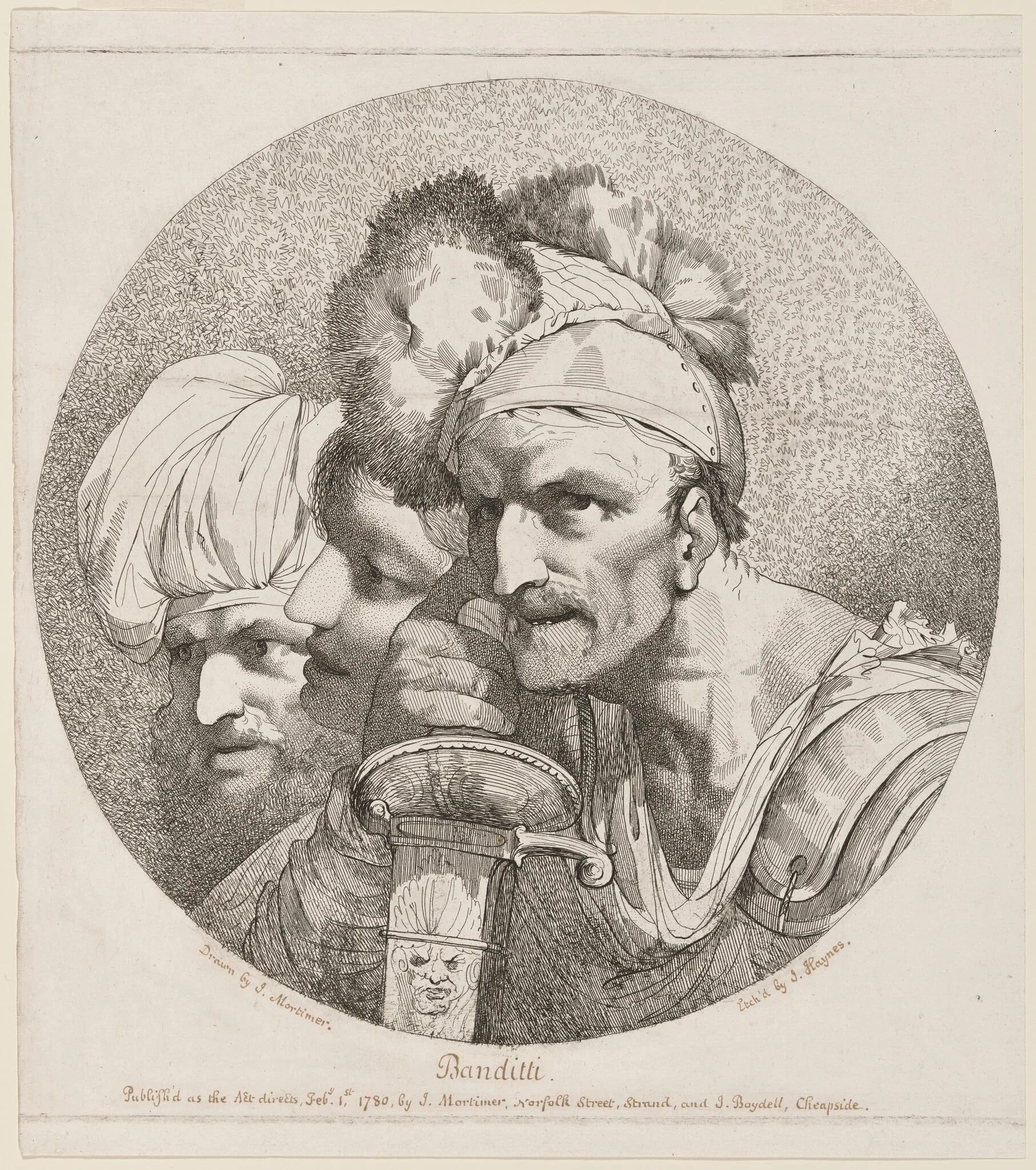 Banditti: Three Heads, by Joseph Haynes, ink, 1780