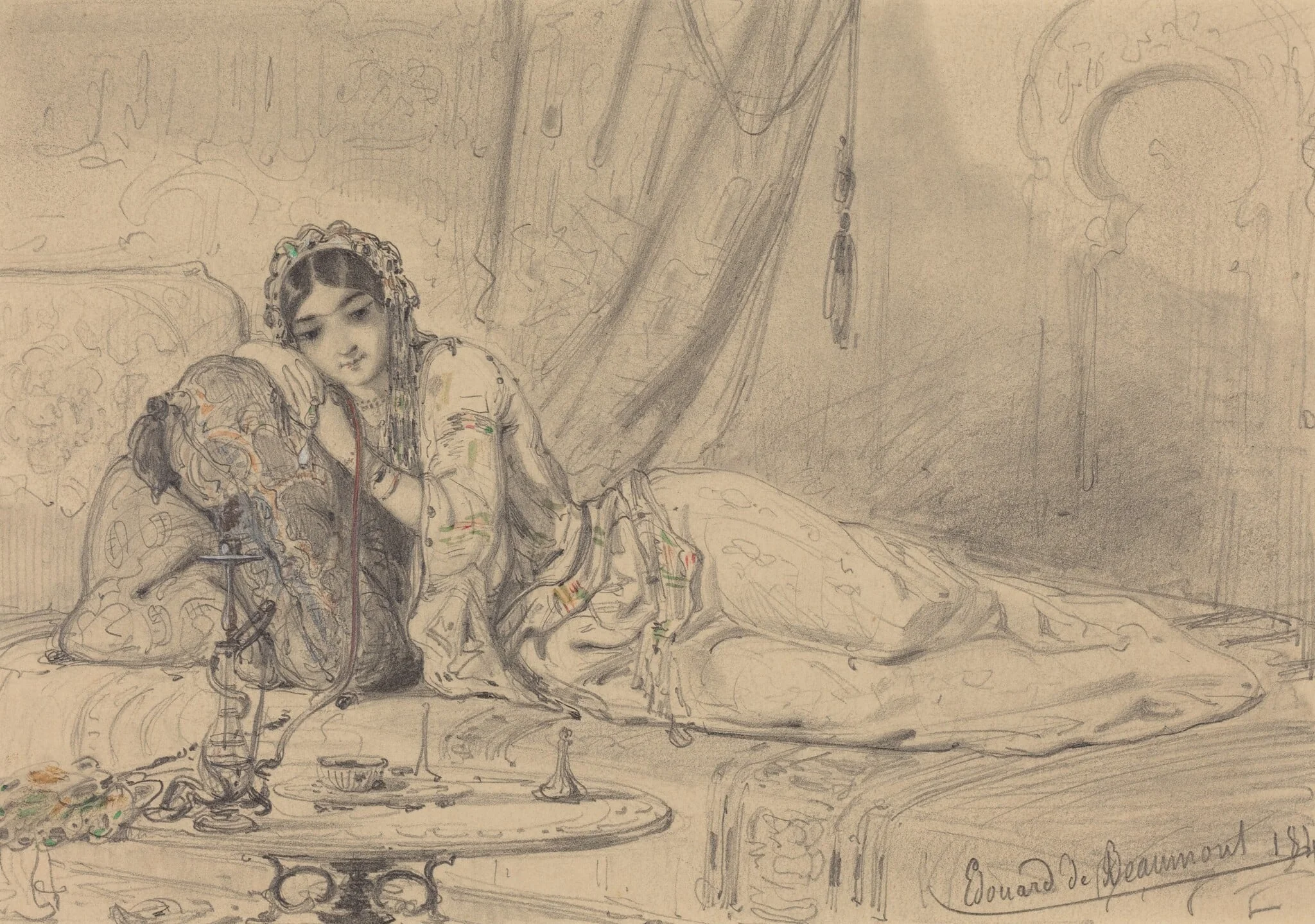 A Middle Eastern Woman Reclining in an Exotic Setting, by Édouard de Beaumont, graphite, 1844