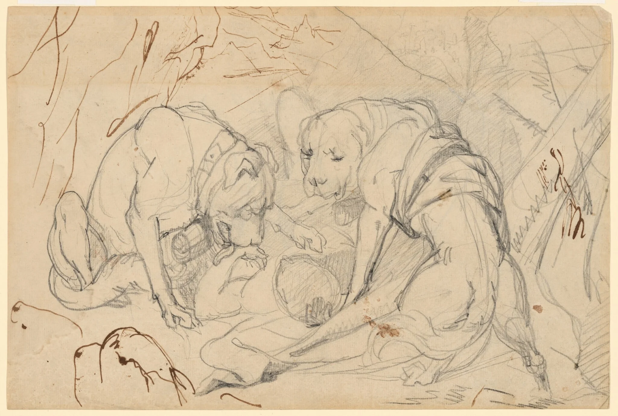 Study for "Alpine Mastiffs Reanimating a Distressed Traveler" (recto); Study for "Alpine Mastiffs Reanimating a Distressed Traveler" (verso), by Edwin, Sir Landseer, graphite, 1820