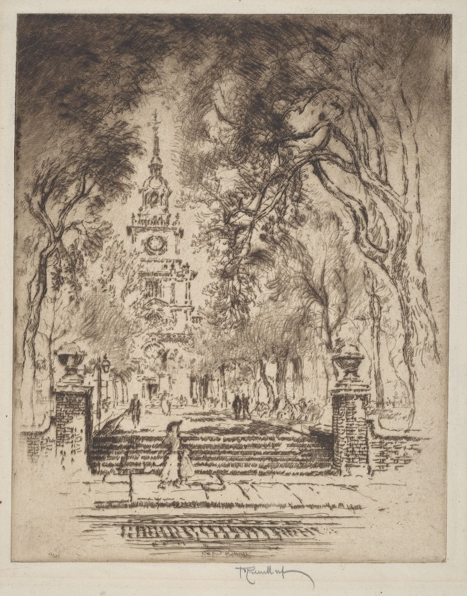 The Square, Independence Square, Philadelphia, by Joseph Pennell, ink, 1920