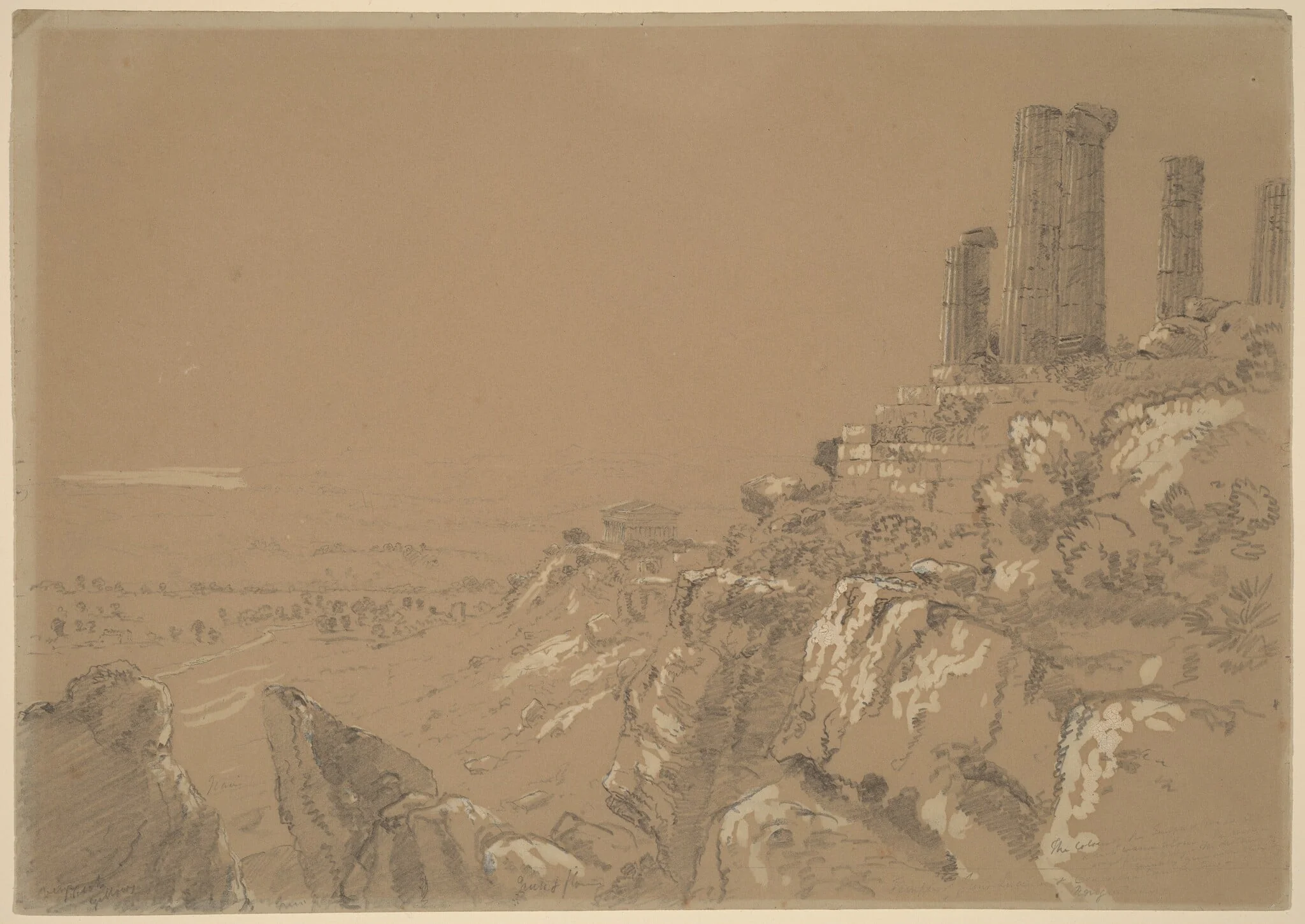Temples of Juno, Lucina, and Concordia - Agrigentum, Sicily, by Thomas Cole, graphite, 1842