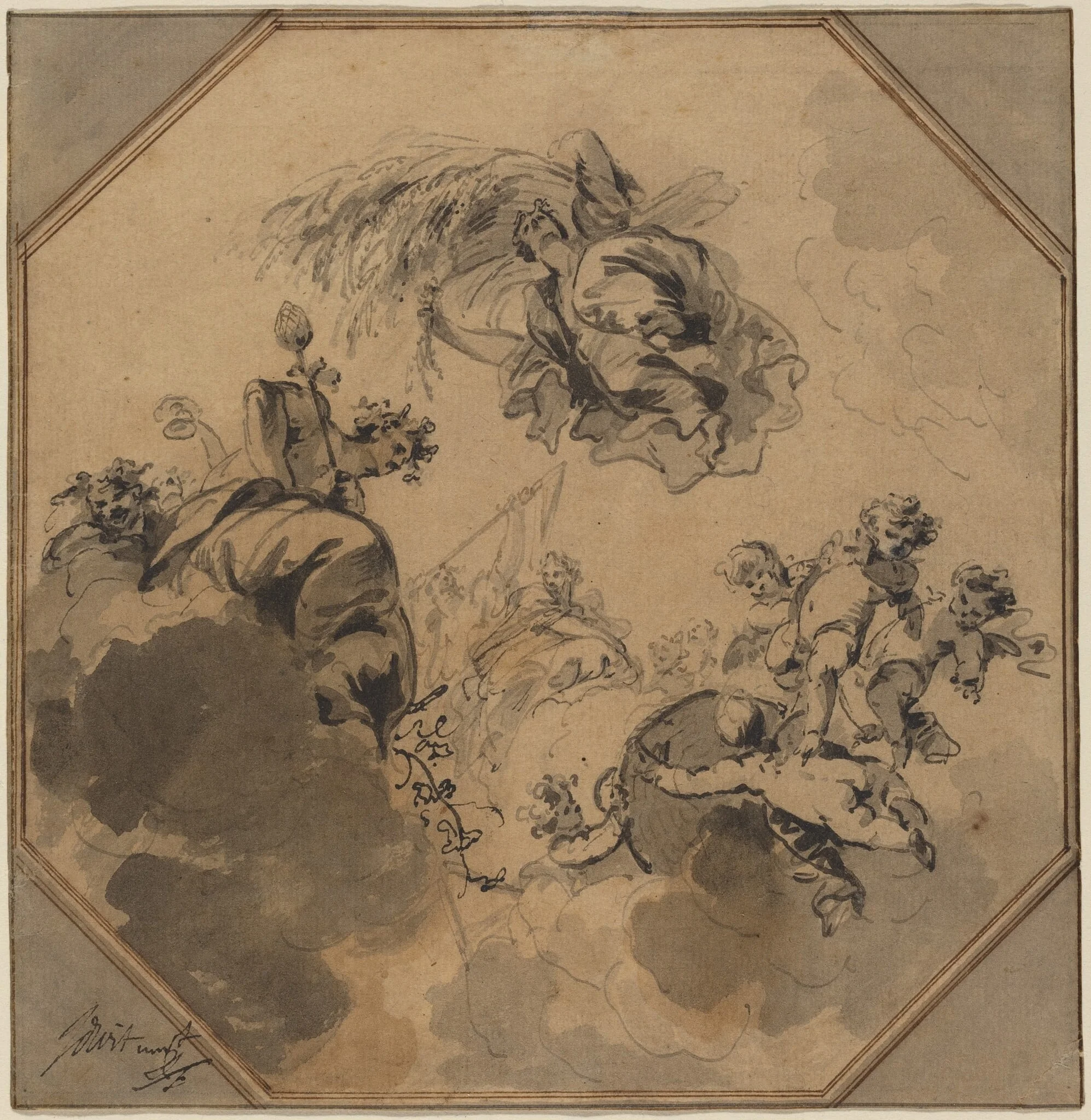 Study for a Ceiling: Allegory of the Harvest with Dionysus and Ceres, by Jacob de Wit, ink, 1724