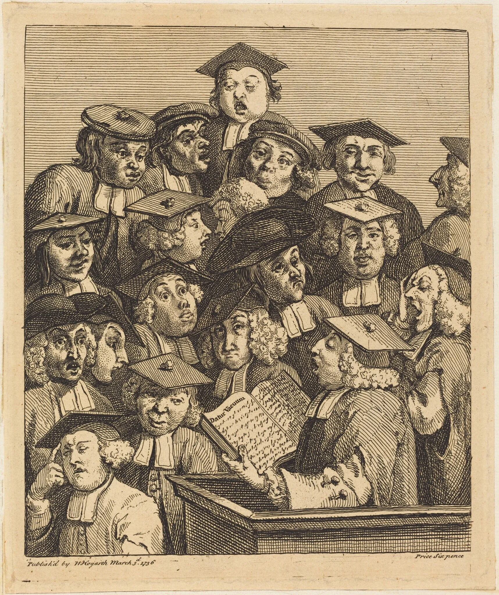 Scholars at a Lecture, by William Hogarth, ink, 1736