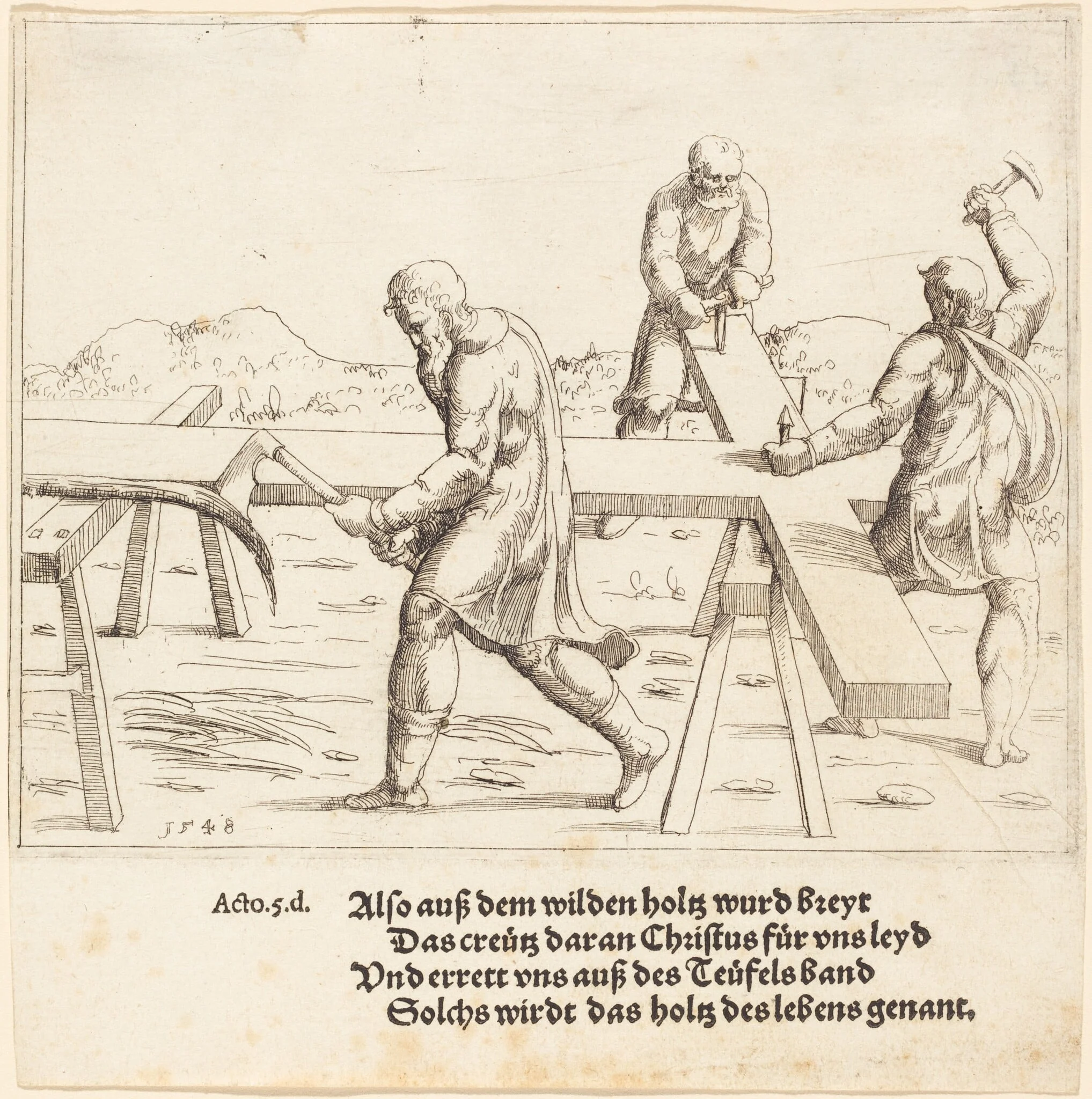 The Preparation of the Cross, by Augustin Hirschvogel, ink, 1548