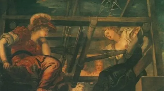 Arachne challenges Minerva in a weaving contest