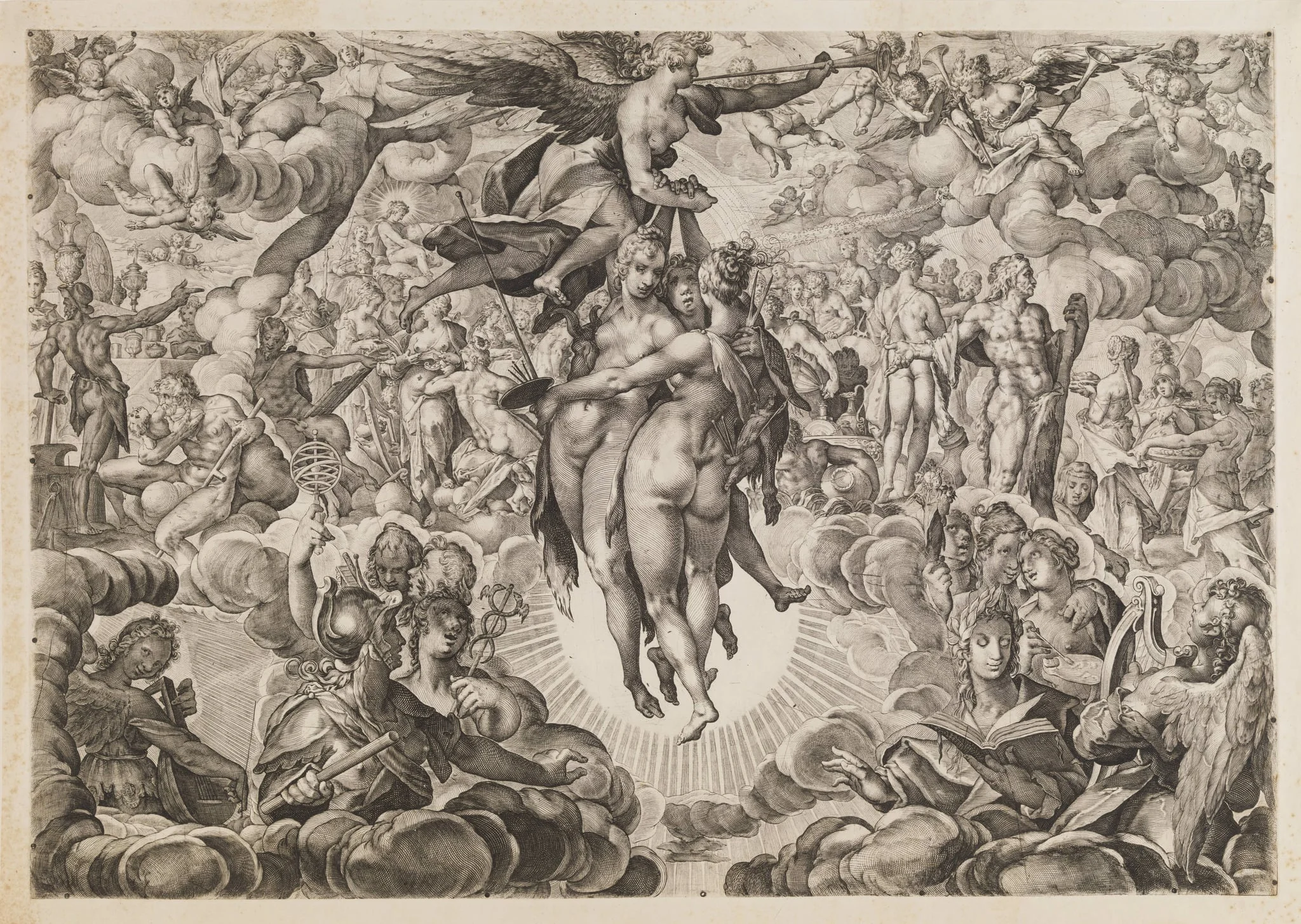 Painting, Sculpture, and Architecture, Banned by the Turks, Withdrawn to Olympus, by Unknown, unspecified, 1649