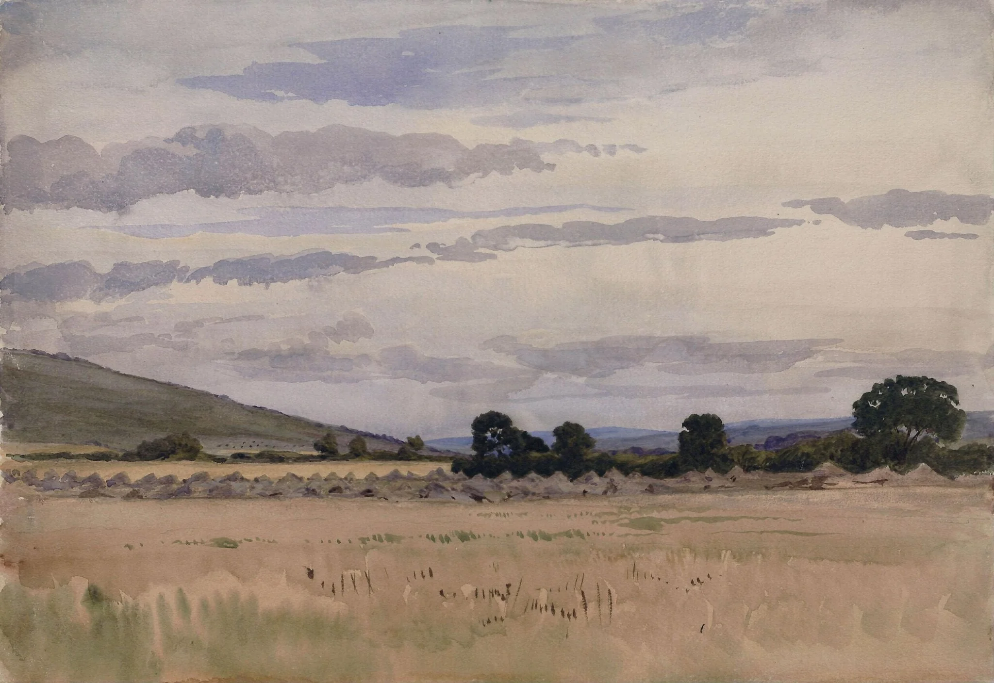 Landscape with a cornfield in the foreground and hills in the distance