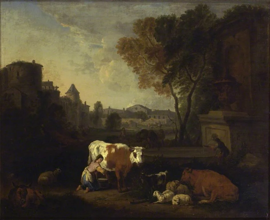Italian Landscape with a Girl milking a Cow