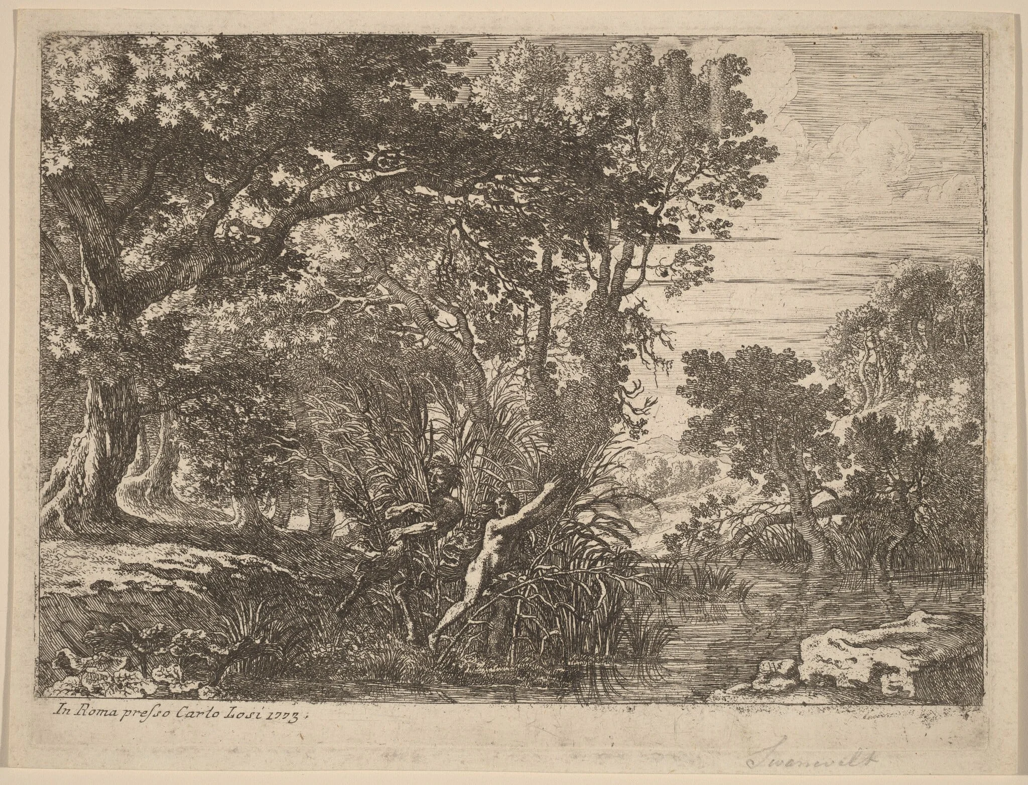 Pan and Syrinx, by Herman van Swanevelt, ink, 1773