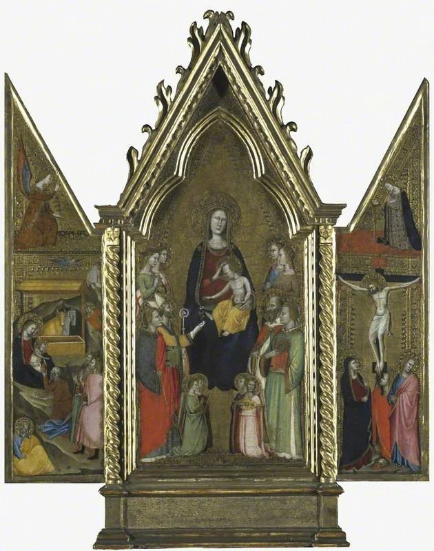 Triptych. Centre: The Virgin and Child Enthroned. Left wing: The Nativity; The Angel of the Annunciation. Right wing: The Crucifixion; The Virgin Annunciate, by Unknown, unspecified, 1400