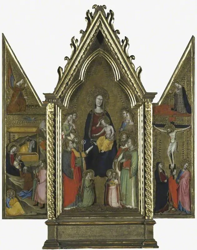 Triptych. Centre: The Virgin and Child Enthroned. Left wing: The Nativity; The Angel of the Annunciation. Right wing: The Crucifixion; The Virgin Annunciate