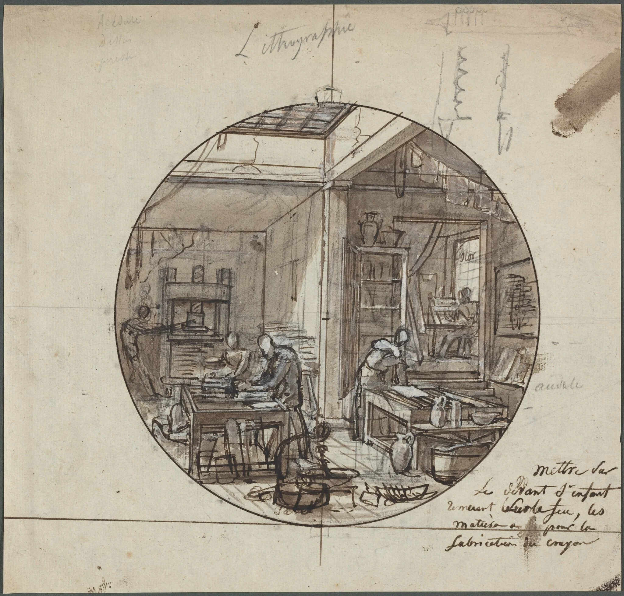 Lithographic Workshop, by Jean Charles Develly, ink, 1828