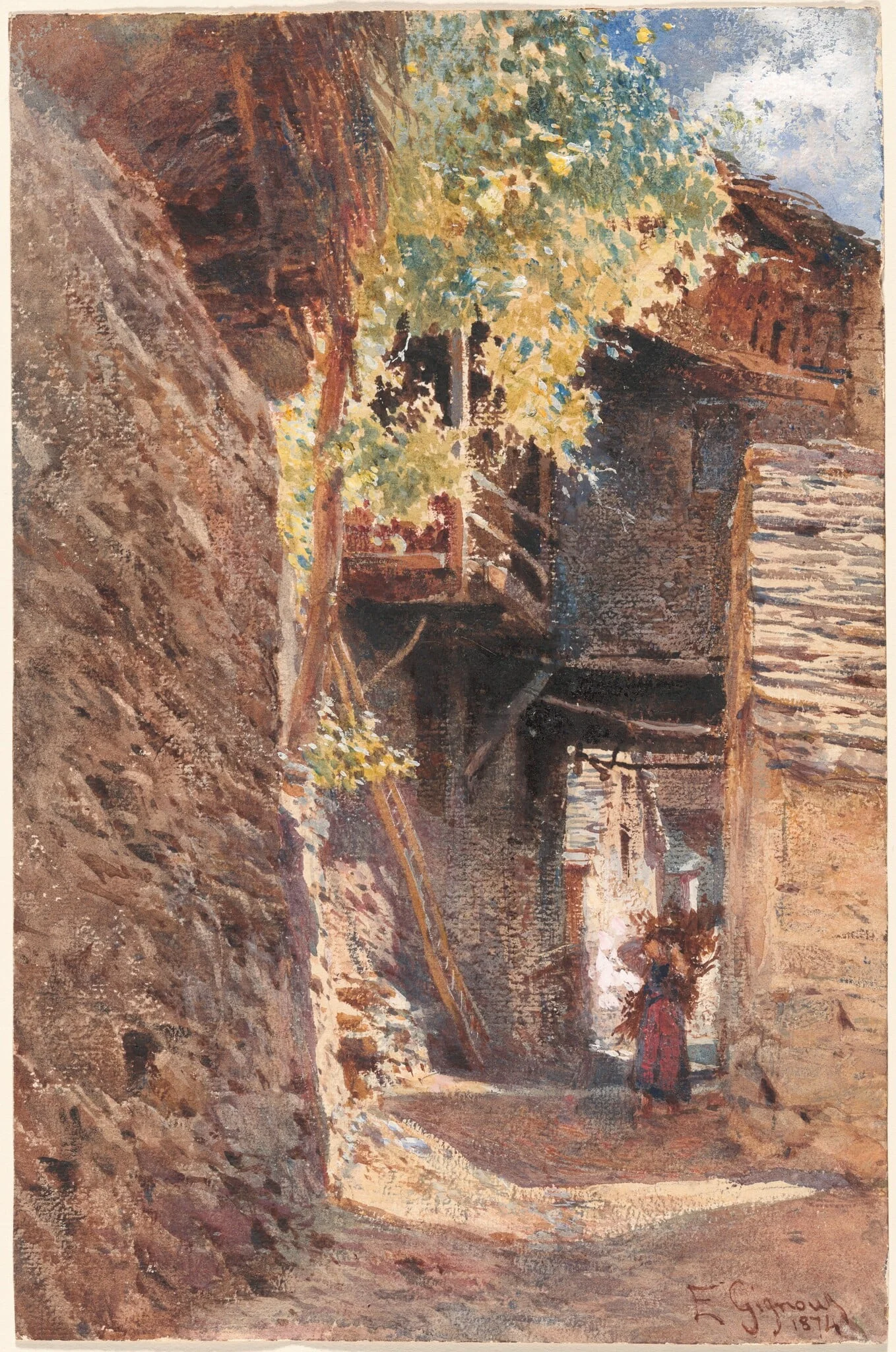 A Village Street in Northern Italy, by Eugenio Gignous, gouache, 1874