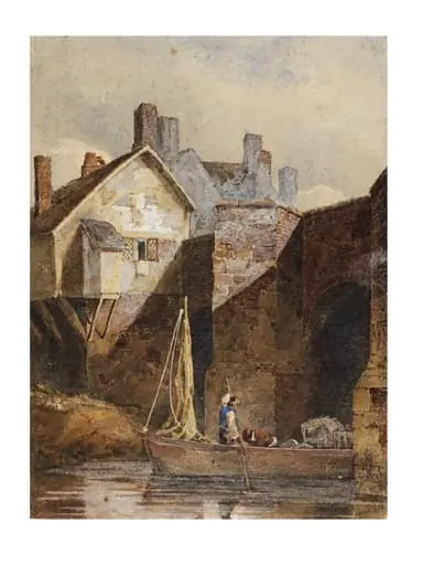 Canal scene with barge and houses in background