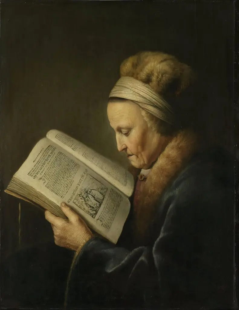 Portrait of an old woman reading