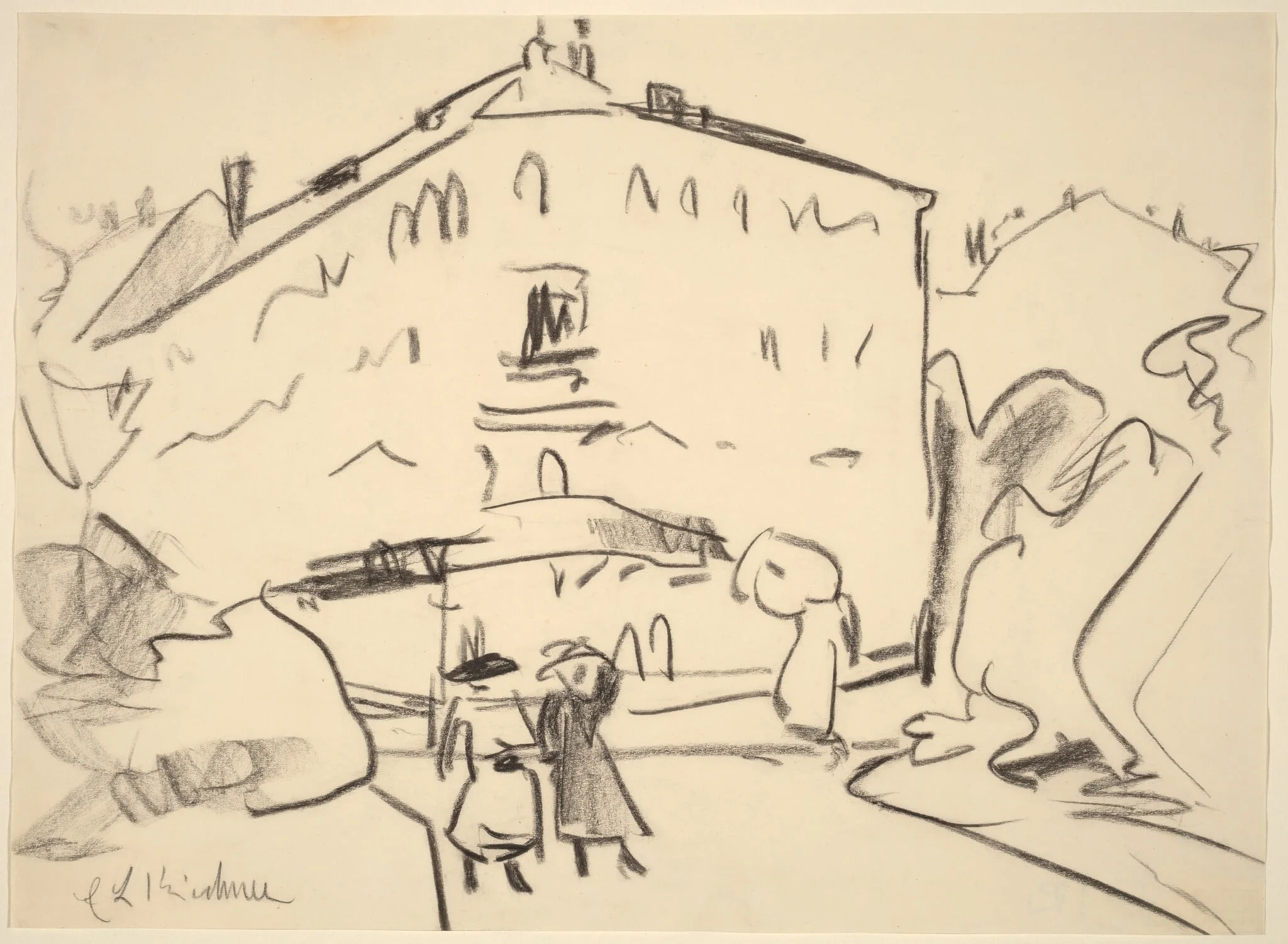 Houses in Dresden with People Strolling, by Ernst Ludwig Kirchner, crayon, 1909