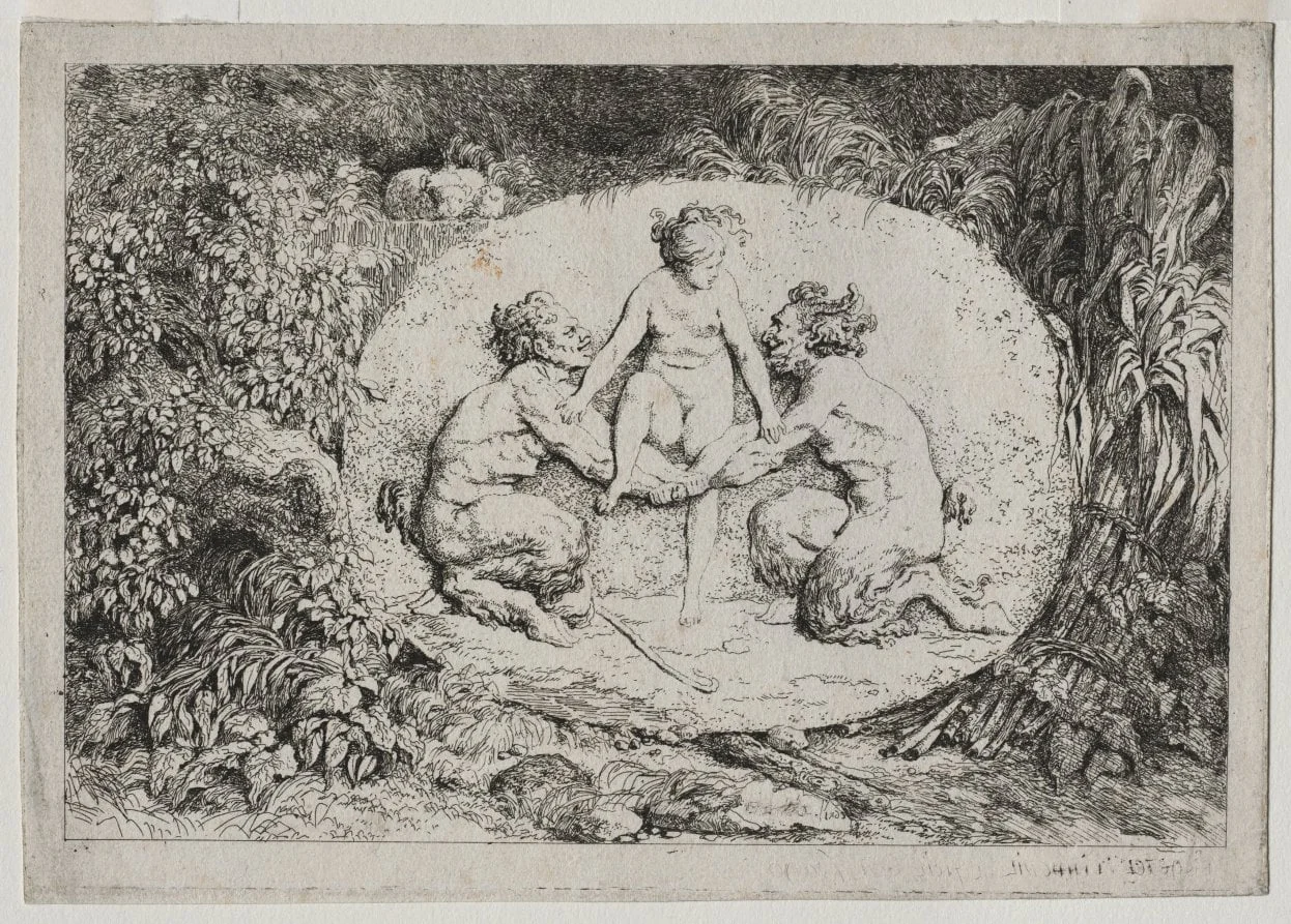 Bacchanales: Nymph Supported by Two Satyrs, by Jean Honoré Fragonard, 1763