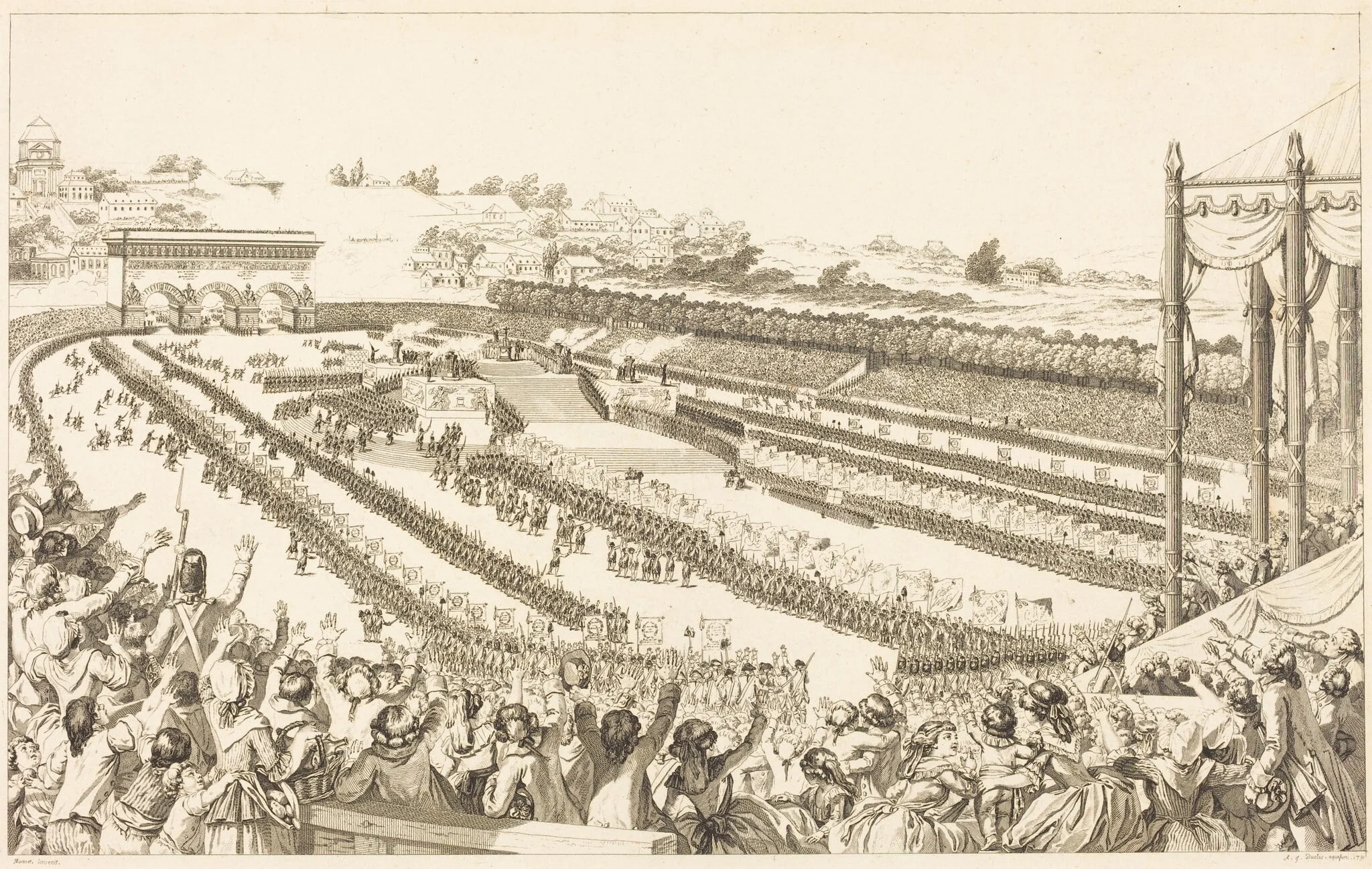 Fédération Générale de Français, au Champ de Mars, le 14 Juillet 1790, by Antoine-Jean Duclos, ink, 1791