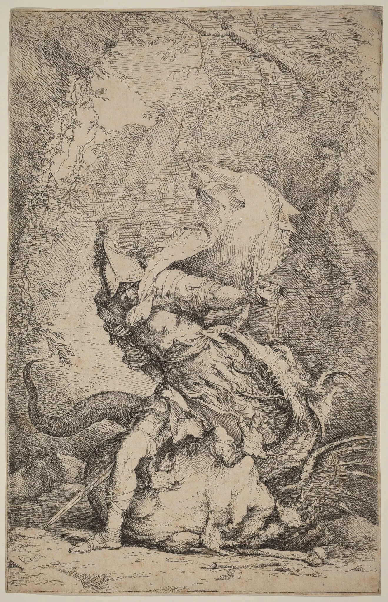 Jason and the Dragon, by Salvator Rosa, ink, 1664