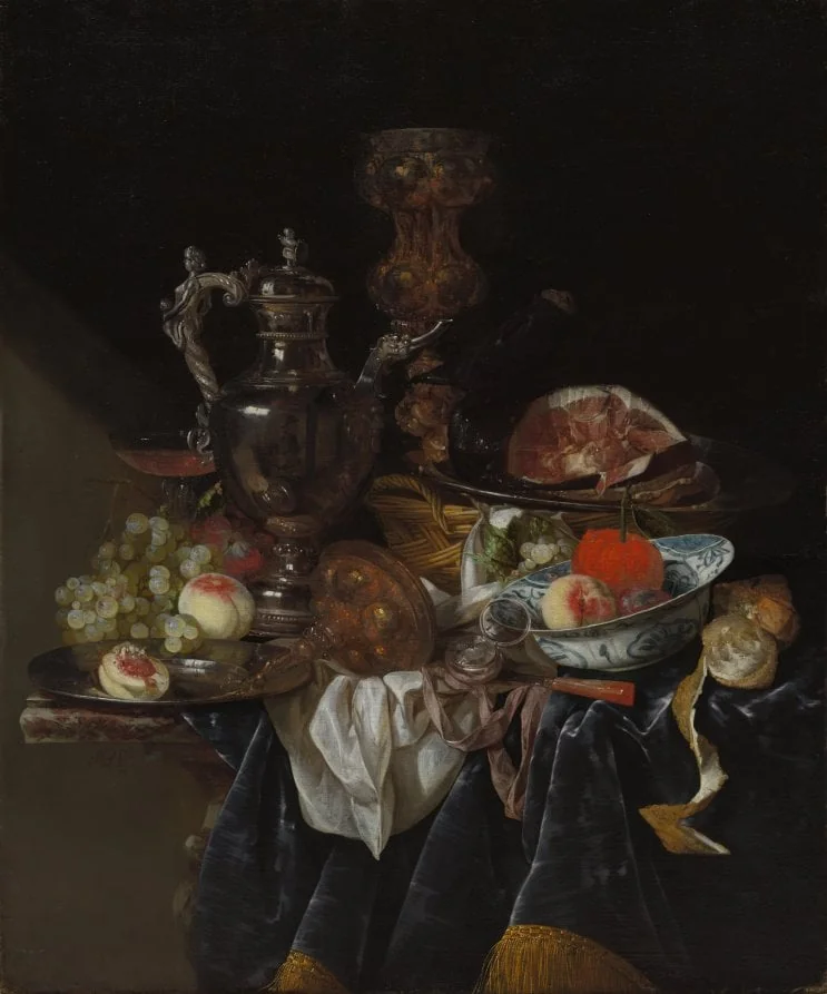 Silver Wine Jug, Ham, and Fruit, by Abraham van Beijeren, unspecified, 1663