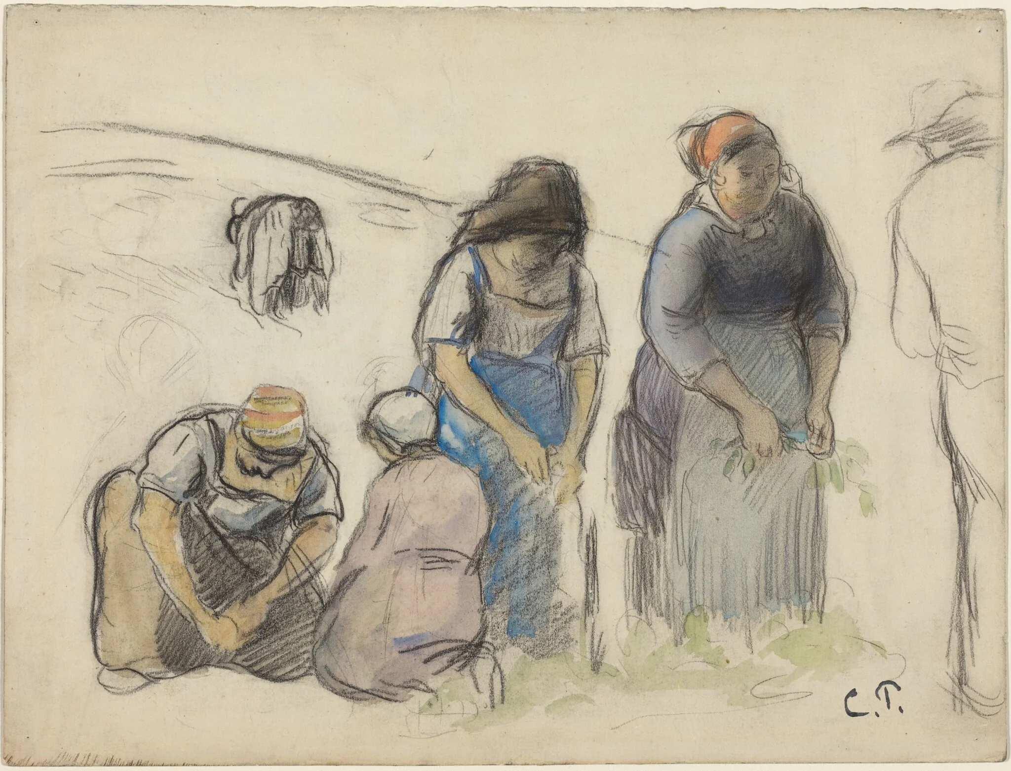 Pea Harvesters [recto], by Camille Pissarro, charcoal, 1880