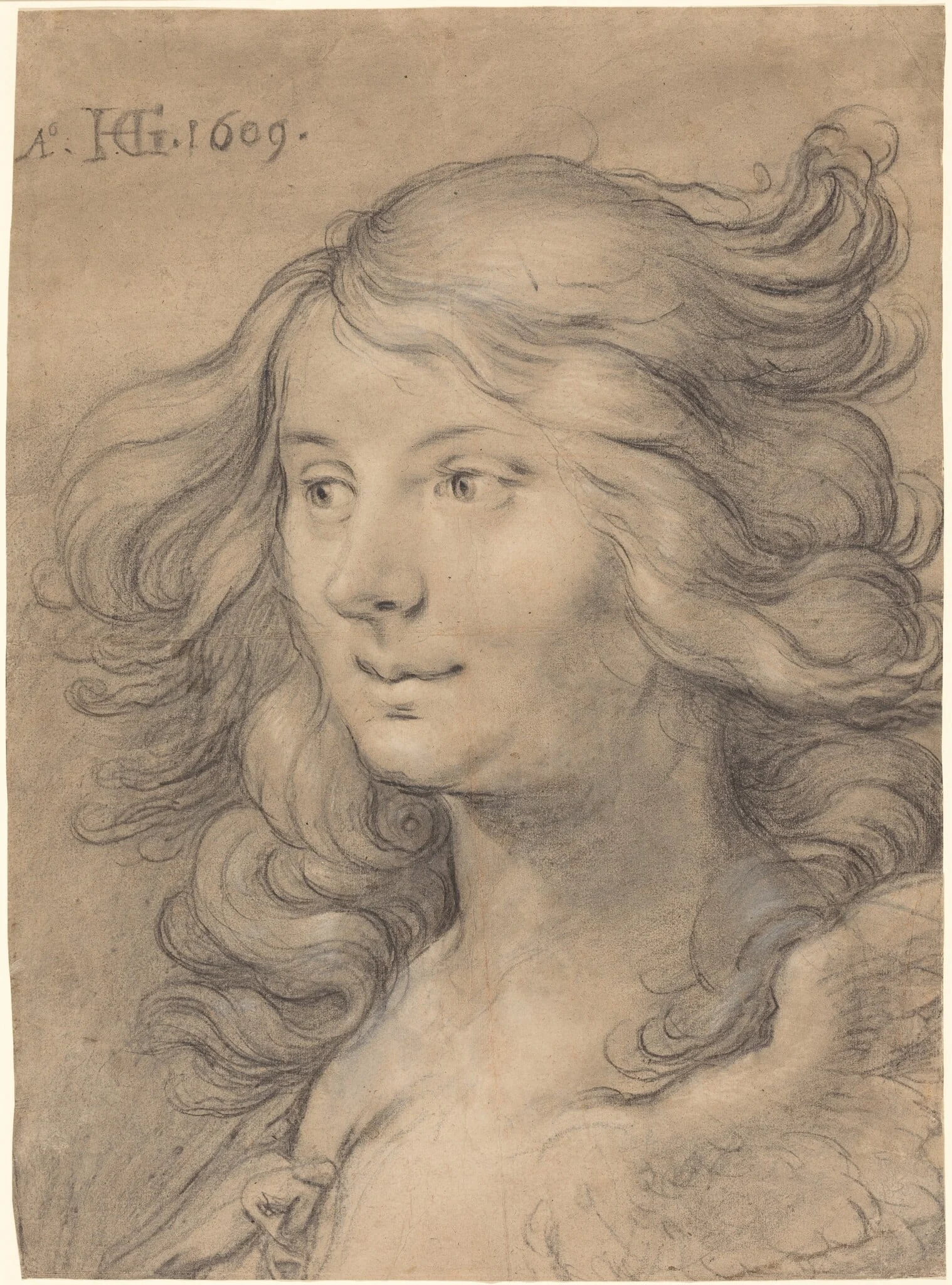 Head of a Siren, by Hendrik Goltzius, chalk, 1609