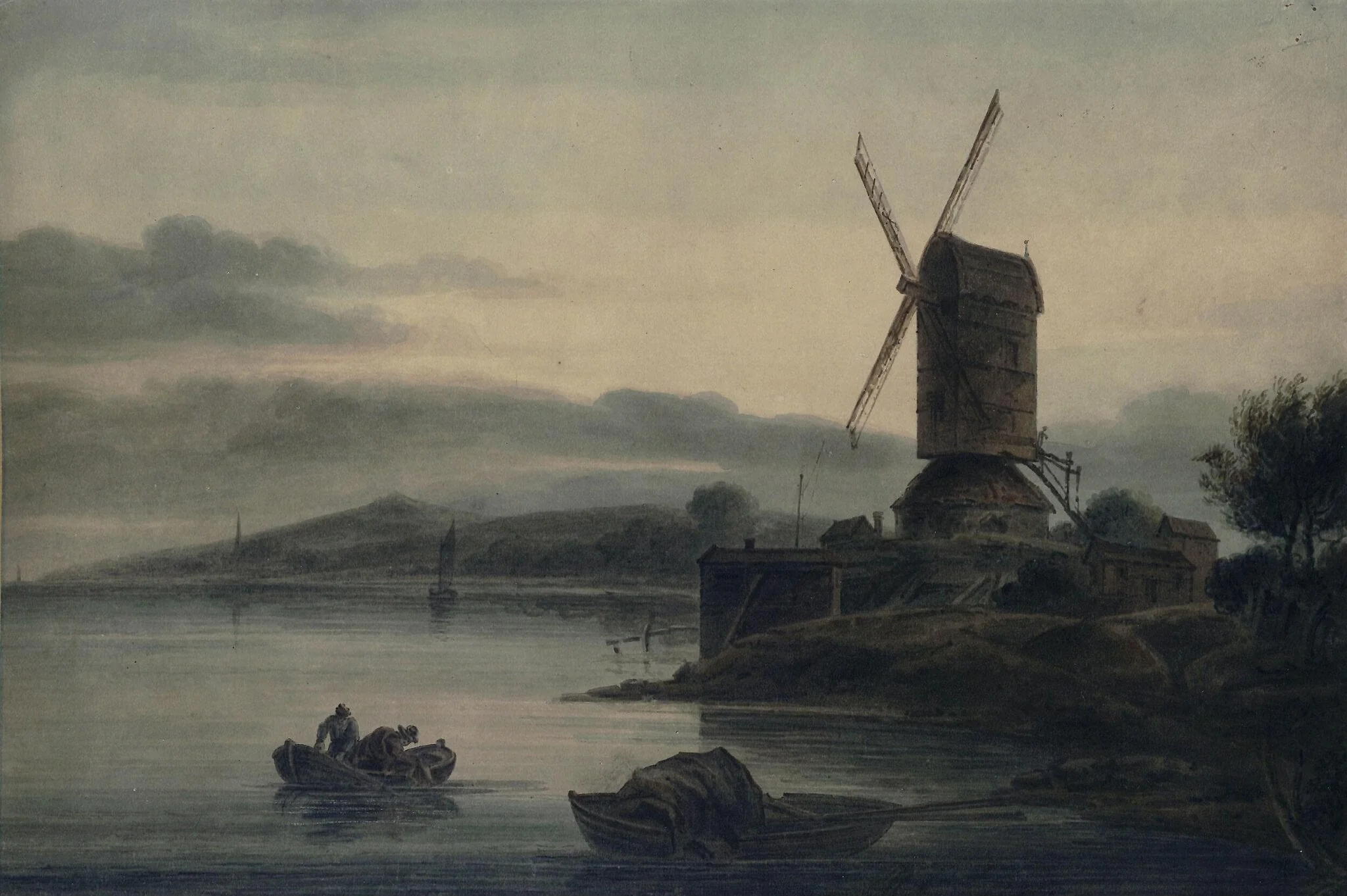River scene with a windmill
