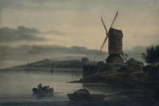 River scene with a windmill