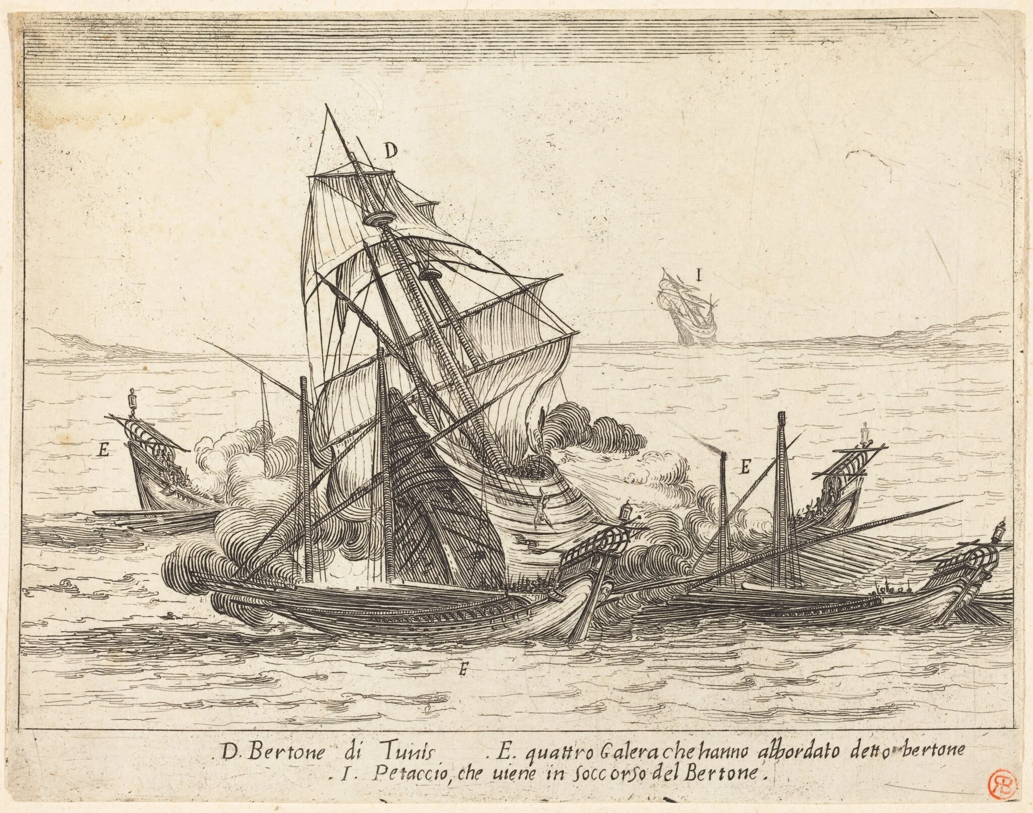 Boarding of the Bertone, by Jacques Callot, ink, 1617