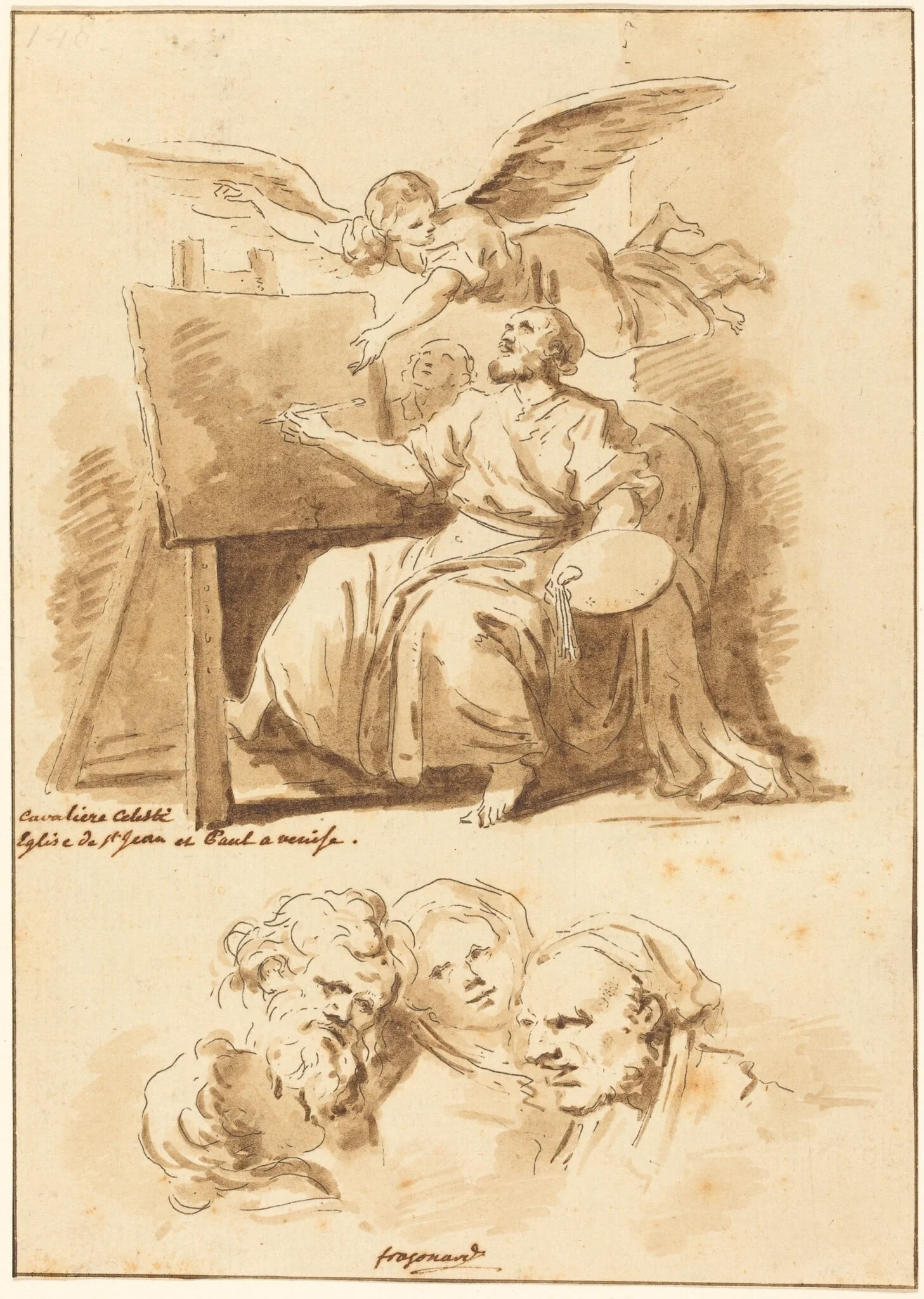 Saint Luke at His Easel and Four Expressive Heads, by Jean-Claude-Richard, Abbé de Saint-Non, ink, 1775
