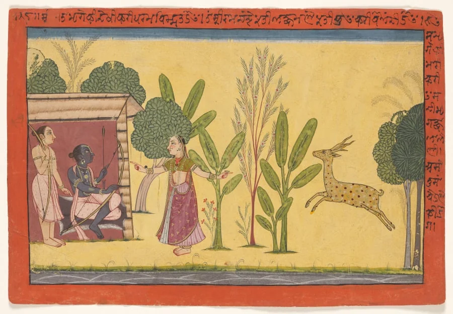 Sita asks Rama to fetch the golden deer, from the “Shangri” Ramayana, by Unknown, unspecified, 1712