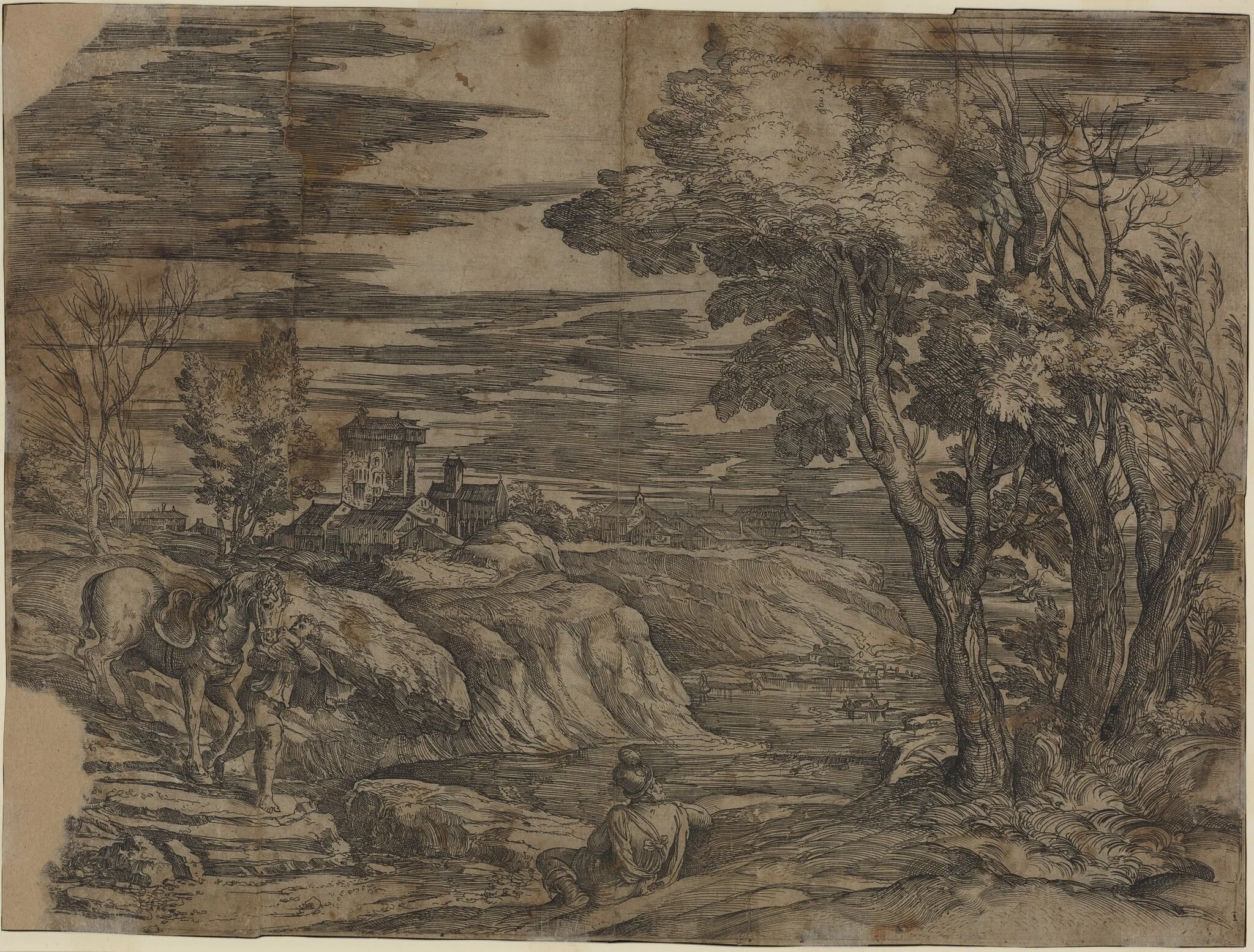 Landscape with a Man Leading a Horse, by Battista Franco, ink, 1550