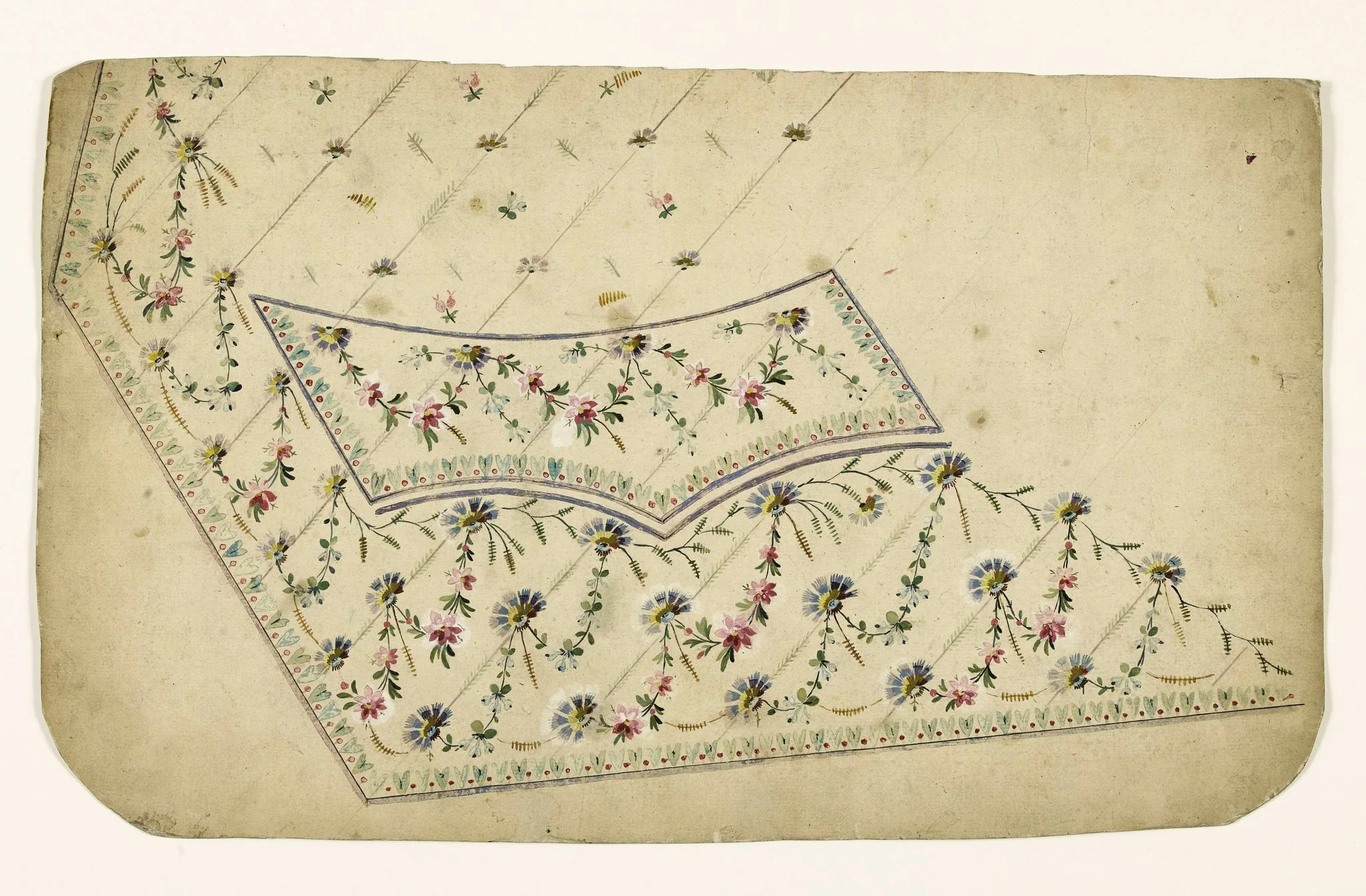 Composition de croisillons de fleurs et de feuilles, frises de feuilles et baies rouges, projets de broderies de gilet, XVIIIème siècle