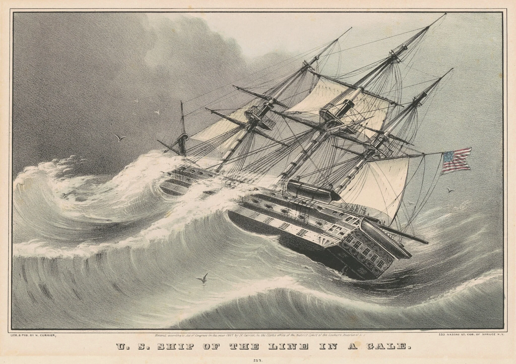U.S. Ship of the Line in a Gale, by Nathaniel Currier, ink, 1847