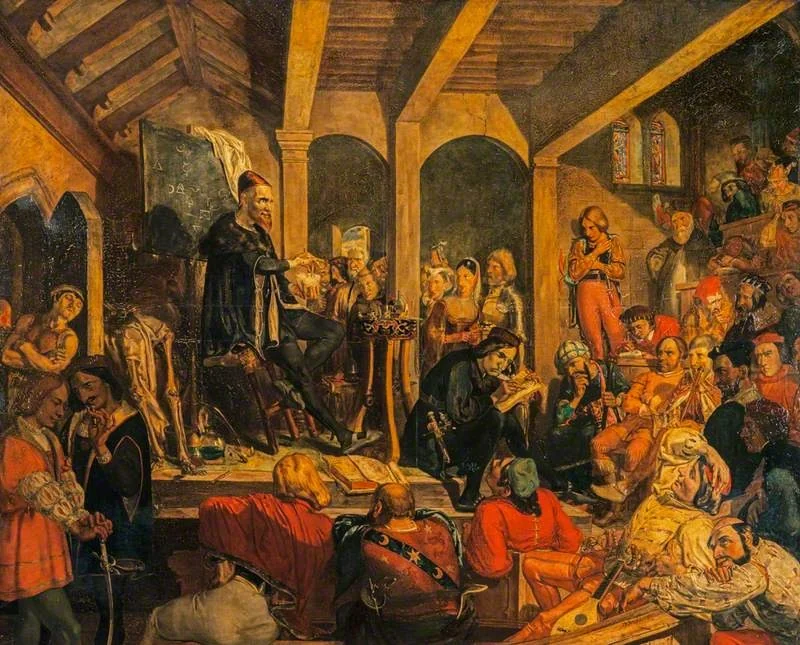 Alchemystical Adept (Paracelsus) Lecturing on the Elixir Vitae, by David Scott, oil, 1838