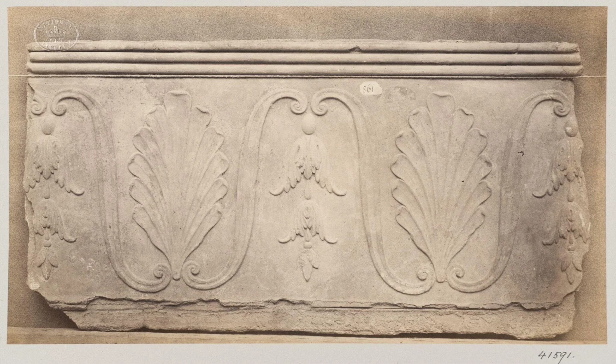 Bas-relief of a portion of a frieze depicting a palmetto and foliage in terra cotta, by Louise Laffon, photographic, 1864