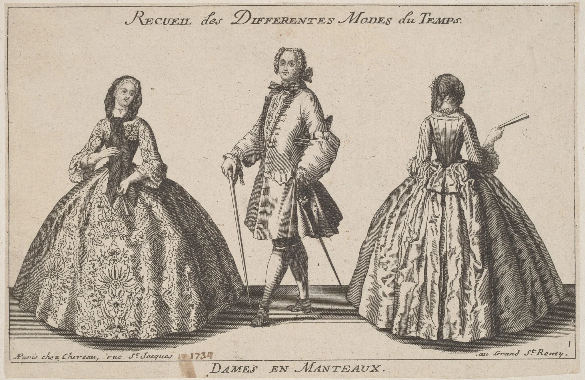 Dames en Manteaux, by Jacques Chéreau, ink, 1724