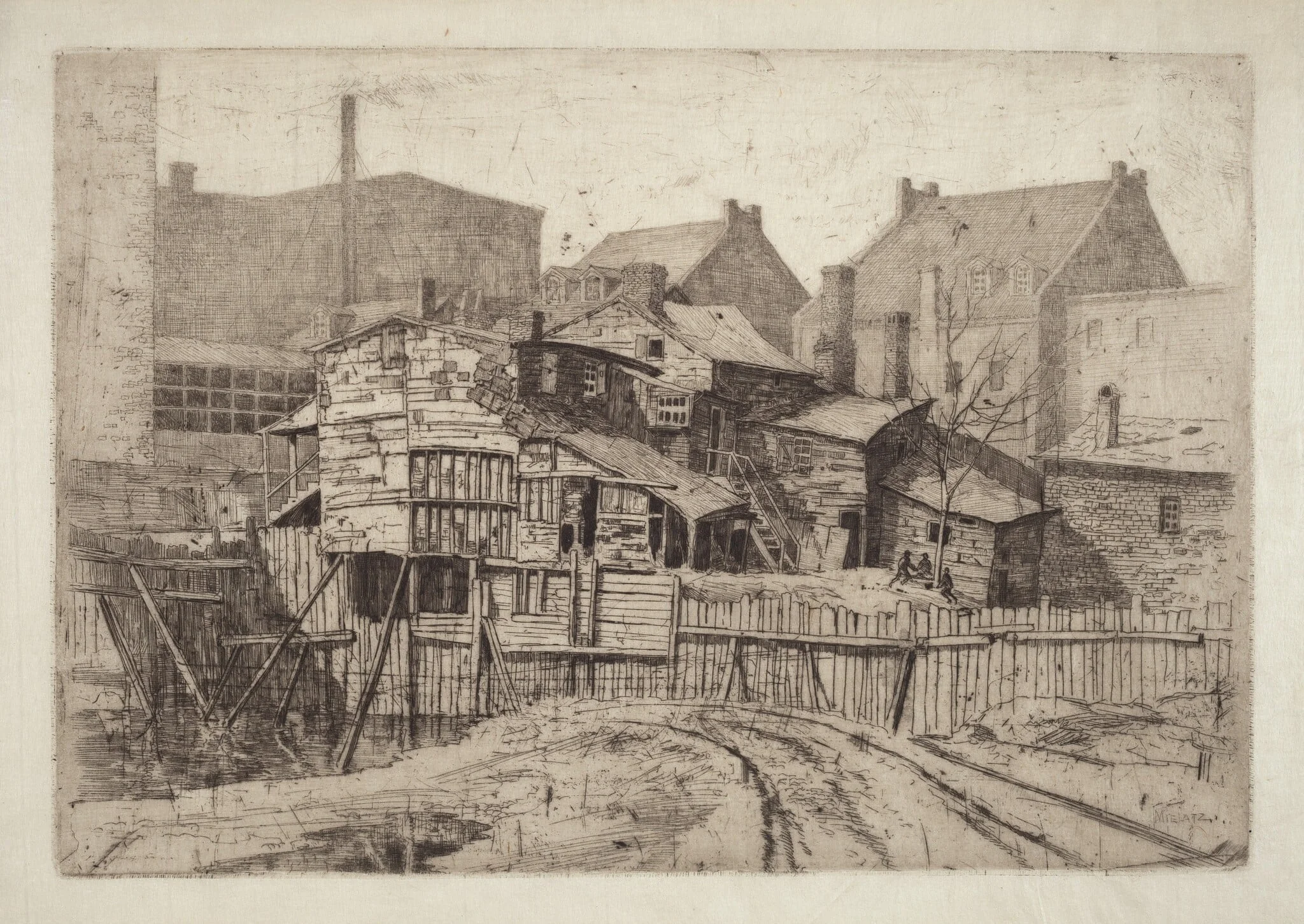 Untitled (Wooden House in City), by Charles Frederick William Mielatz, ink, 1884