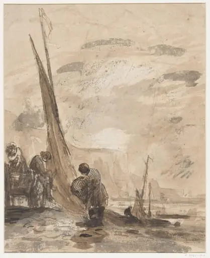 A cart with boats on the shore, near cliffs