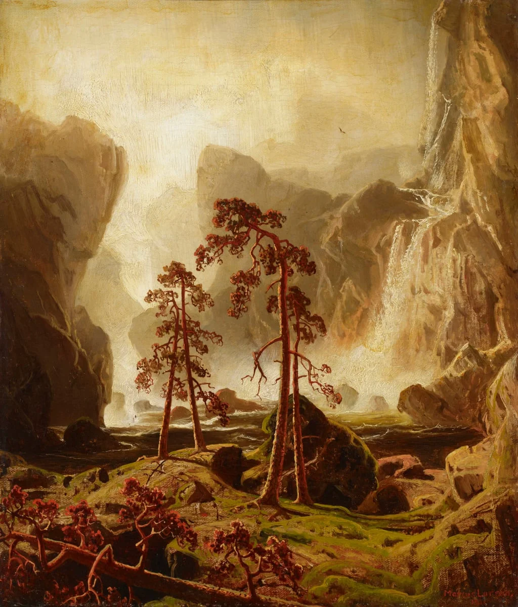 Vuoristoa ja vesiputous, by Marcus Larson, unspecified, 1854