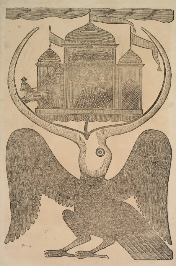 Jatayu hinders Ravana’s chariot trying to prevent Sita’s abduction (recto), from a Kalighat album, by Shri Gobinda Chandra Roy, 1890