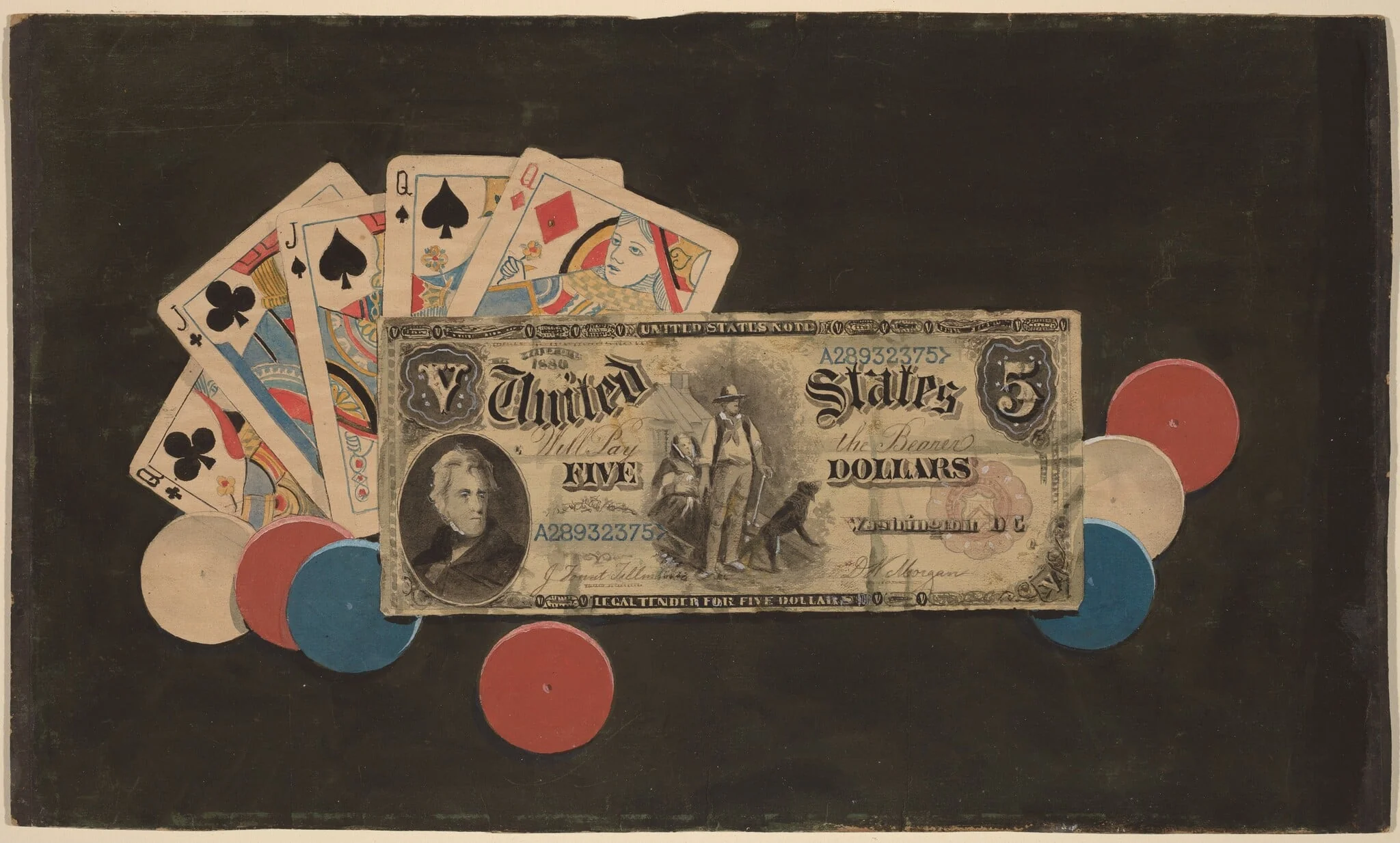 Trompe l'Oeil: A Full House with Chips and a $5 Bill, by American 19th Century, watercolor, 1895