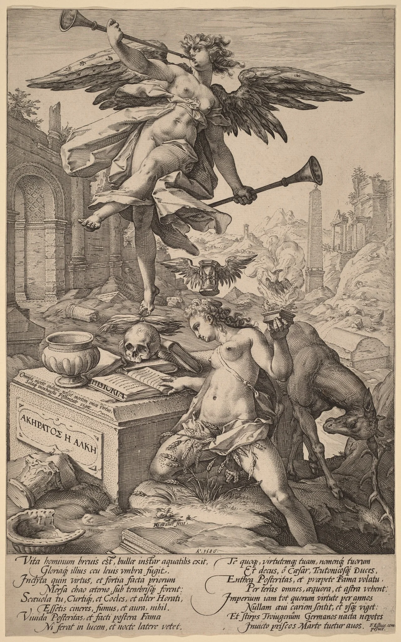 The Allegory of Fame and History, by Hendrik Goltzius, ink, 1586
