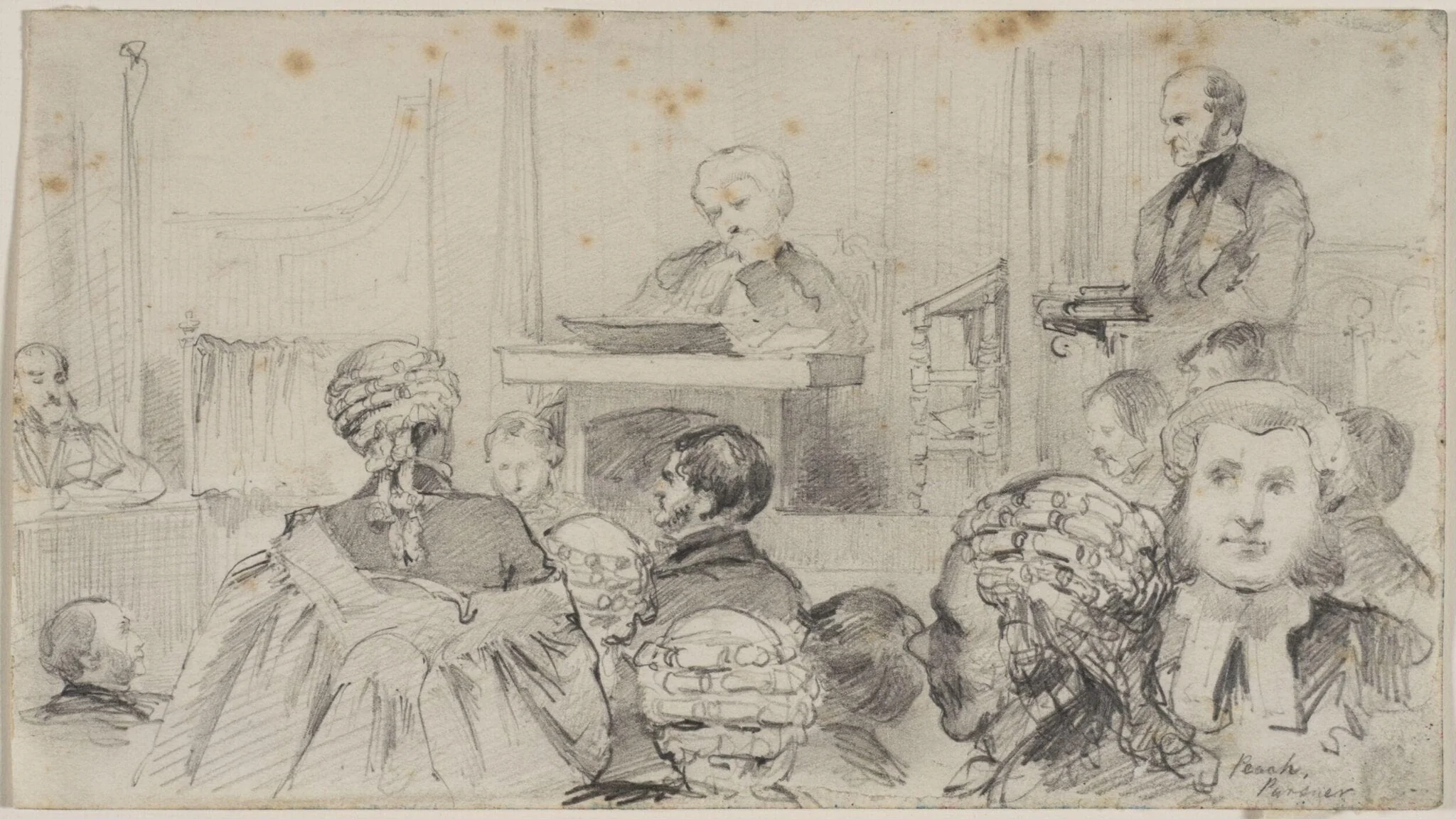 Sheets of studies of participants in a legal action, by Myles Birket Foster, 1825